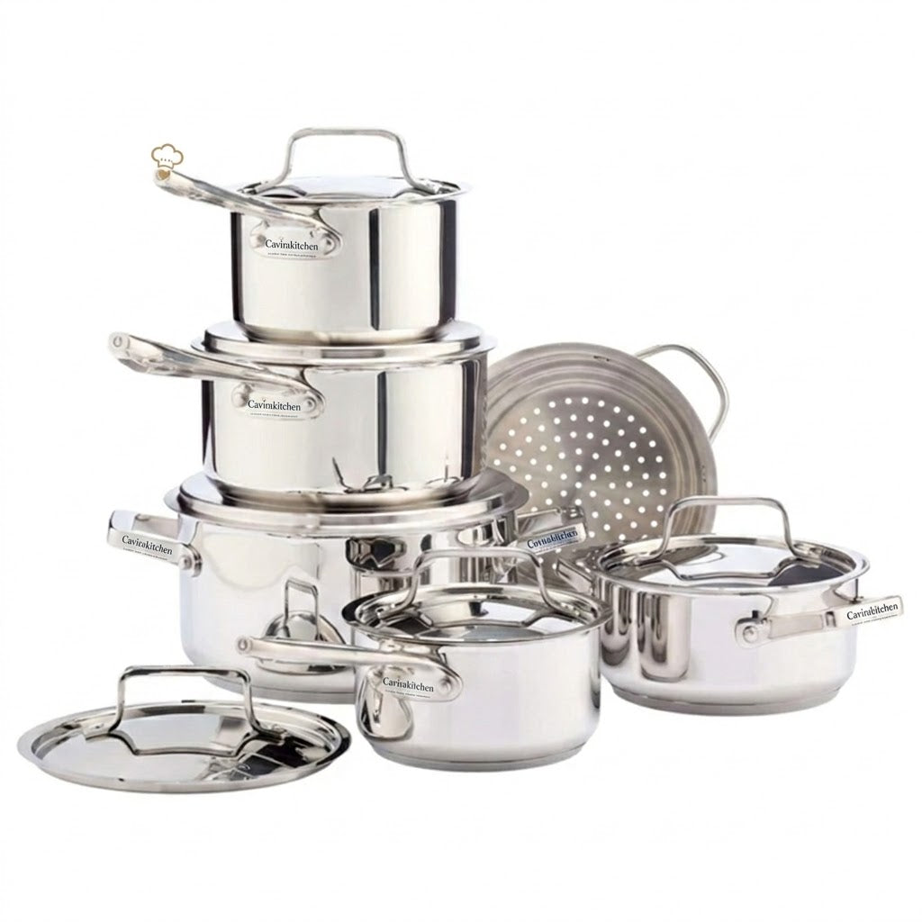 Cavira Signature 12-Piece Stainless Steel Cookware Set – Aluminum Core, Induction Compatible